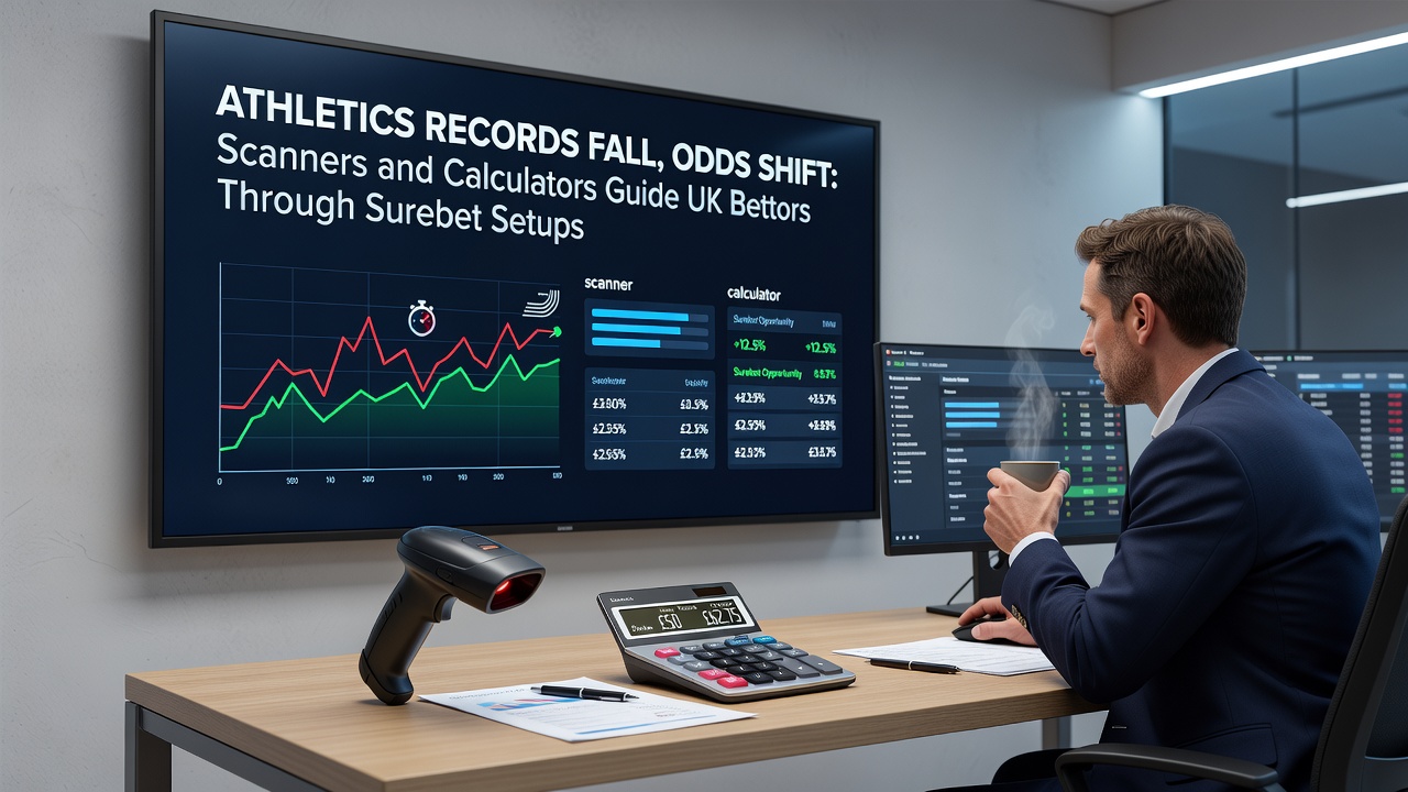 UK bettor reviewing calculator outputs on laptop while tracking live athletics odds movements on multiple screens
