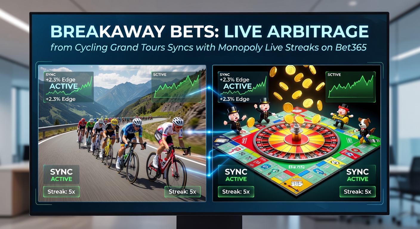 Bet365 Monopoly Live wheel spinning with multiplier streaks highlighted, alongside a cycling breakaway live odds screen