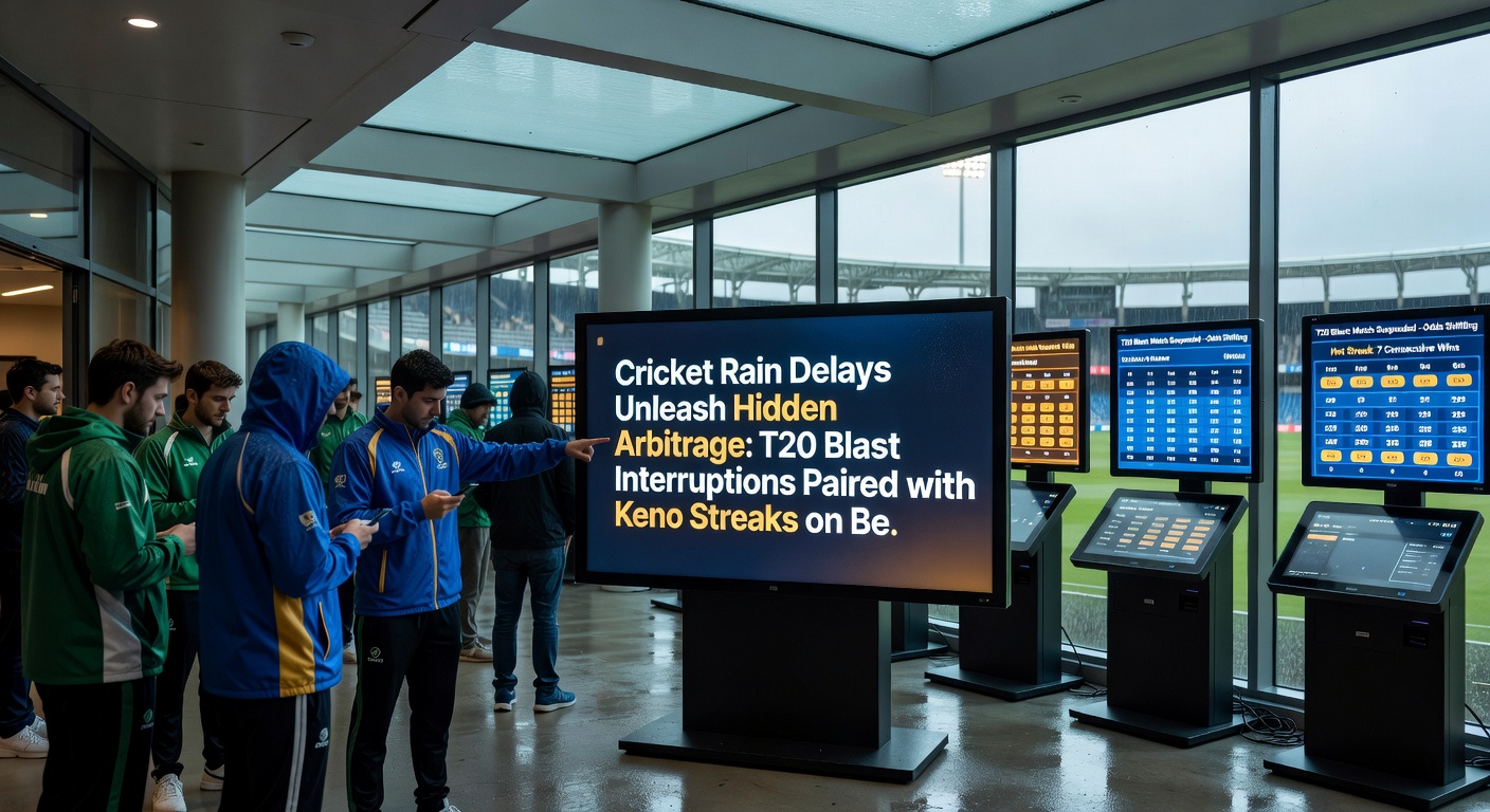 Betfair interface showing live T20 Blast odds during a rain delay alongside a Keno game draw, illustrating simultaneous betting opportunities