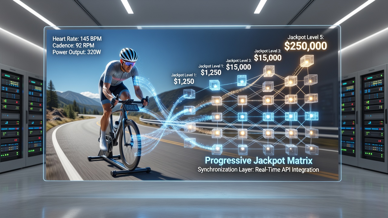 Network diagram illustrating data synchronization between cycling simulations and progressive jackpot systems on international platforms