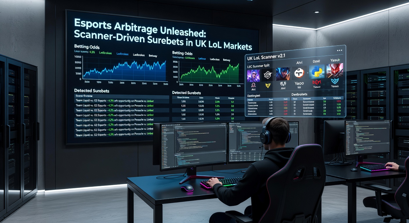 Screenshot of a live LoL surebet alert from a scanner, showing odds comparison for a UK bookmaker matchup with profit calculator