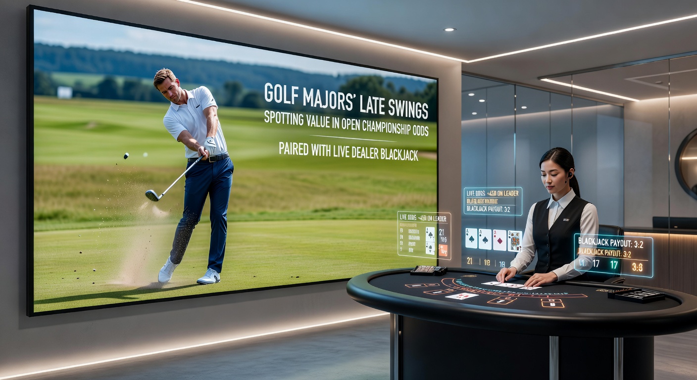 Live dealer blackjack table on a UK betting site interface, showing promotions and golf odds sidebar during an Open Championship broadcast