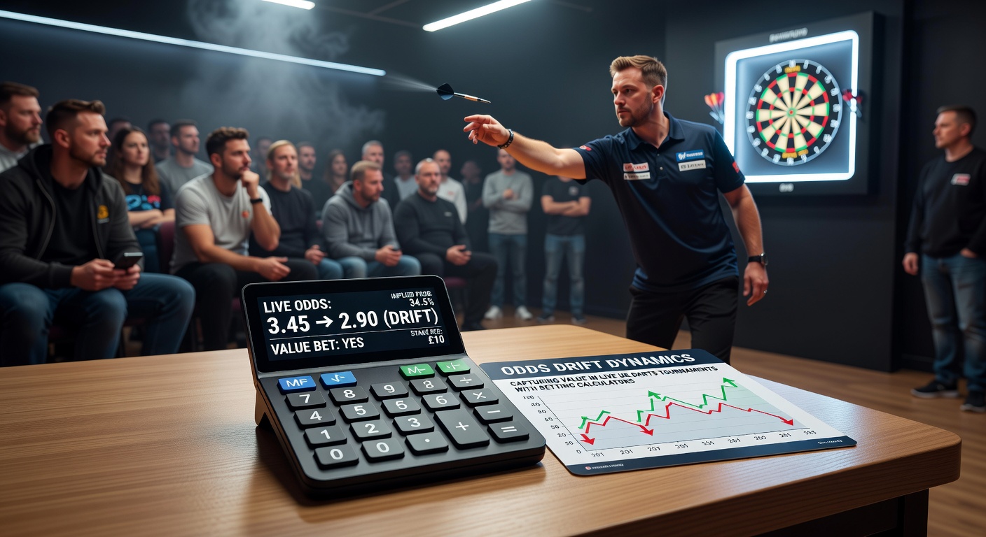 Screenshot of a betting calculator interface displaying real-time odds drift analysis for a UK darts match, highlighting value bets on player totals and set winners