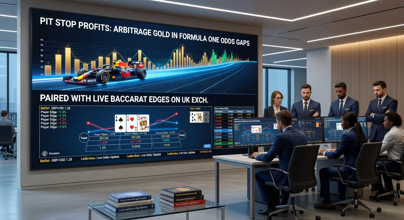 Close-up of a baccarat table on a UK betting exchange interface during a live Formula 1 pit stop, illustrating paired betting strategies