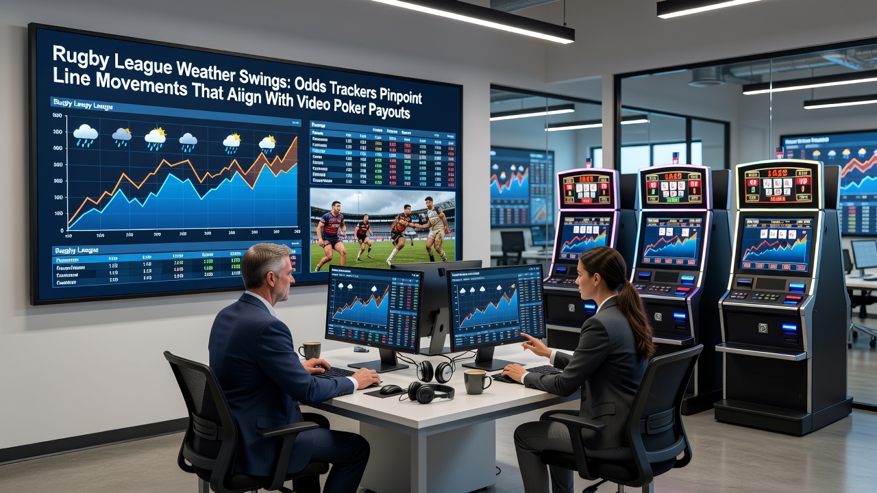 Close-up of video poker screen displaying payout cycle indicators alongside a live rugby league betting exchange interface
