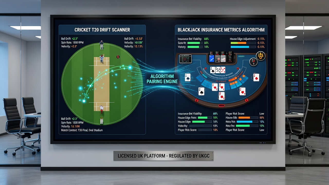 Blackjack table interface paired with live T20 cricket scanner alerts on a regulated UK betting platform
