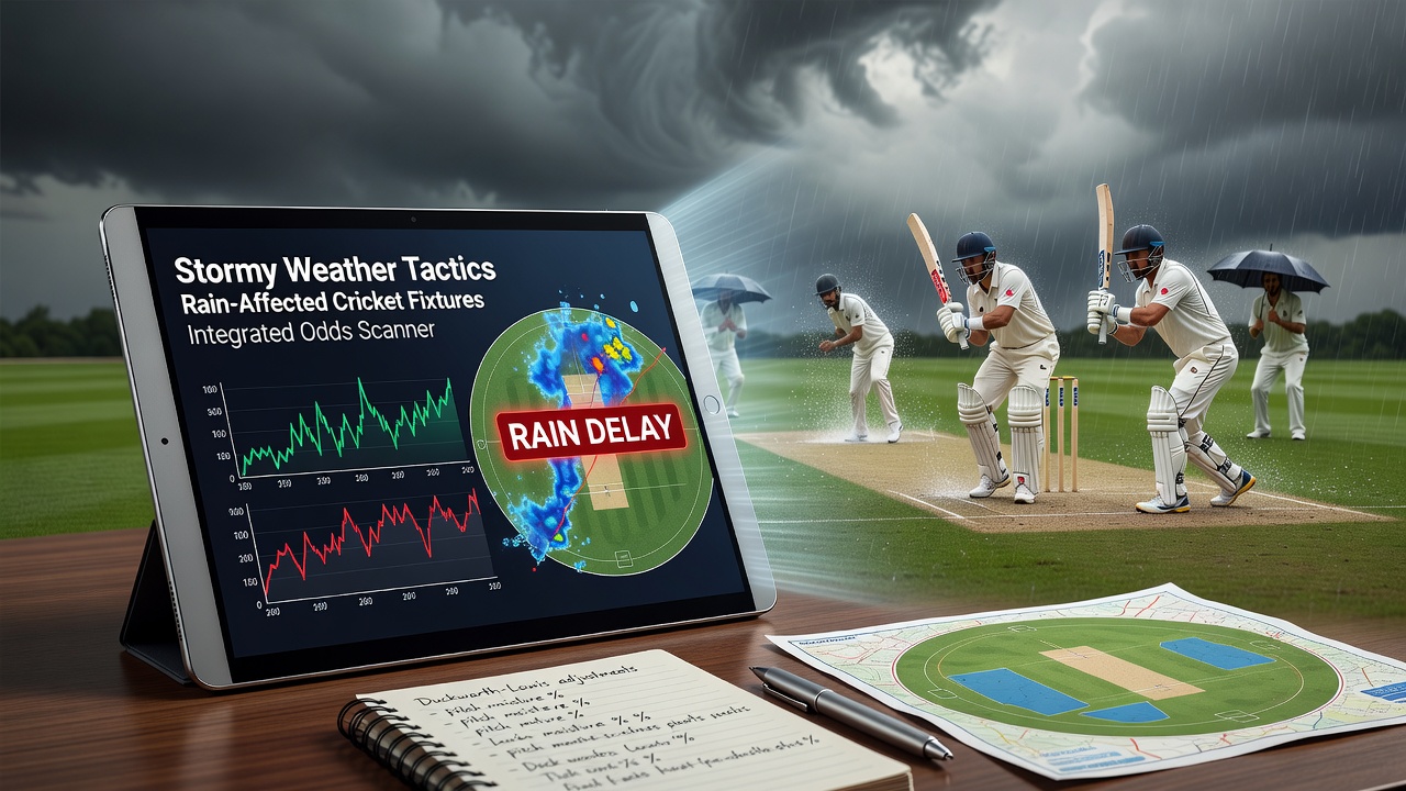 Close-up of betting scanner dashboard displaying cricket odds alongside casino side bet options during a rain delay
