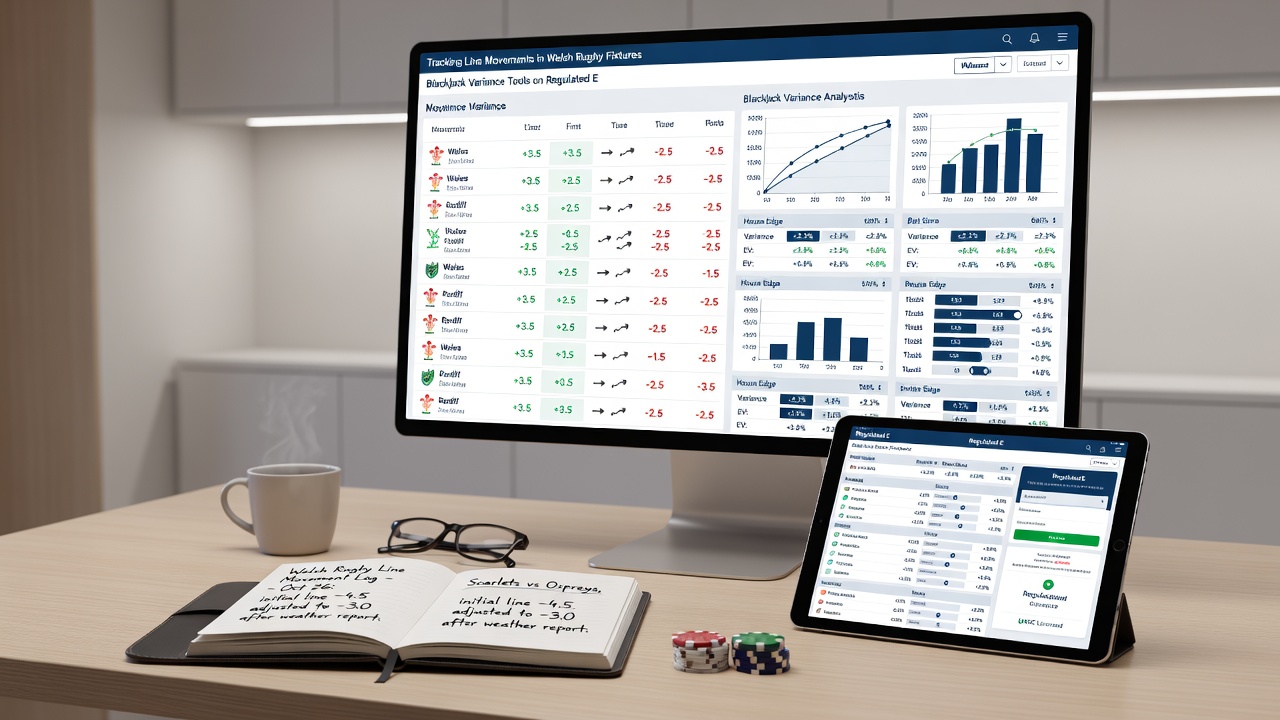 Interface screenshot of regulated exchange tools displaying Welsh rugby line movements next to blackjack variance calculators
